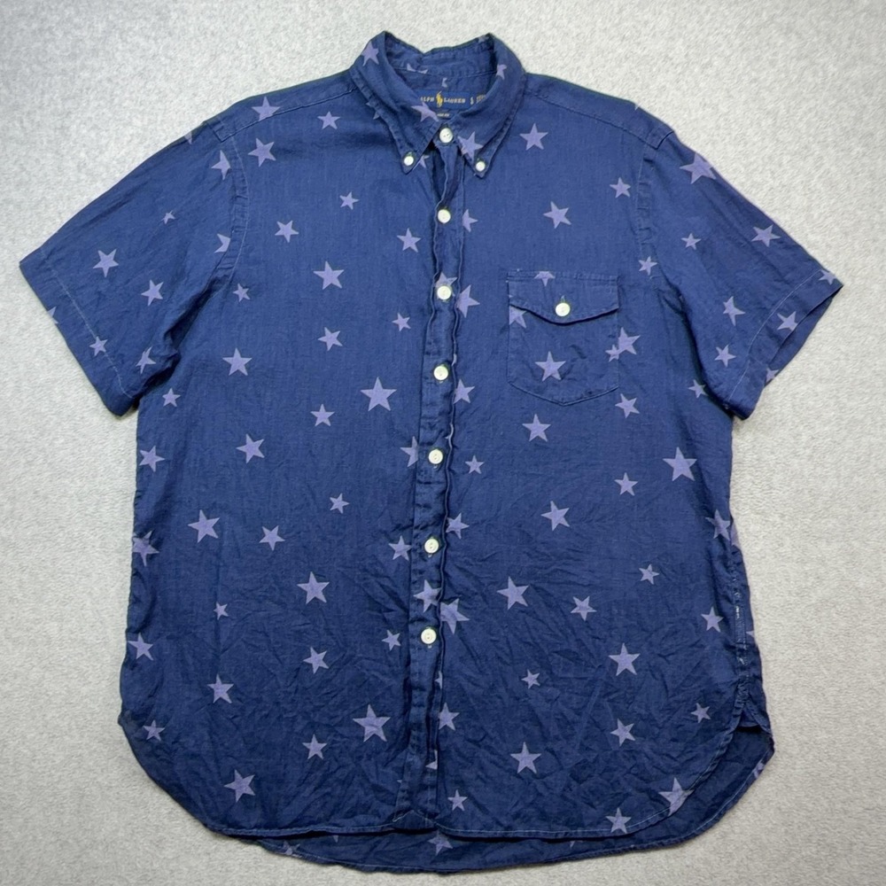 Ralph Lauren Linen Shirt Mens Large Blue Star Print Short Sleeve Button Party
